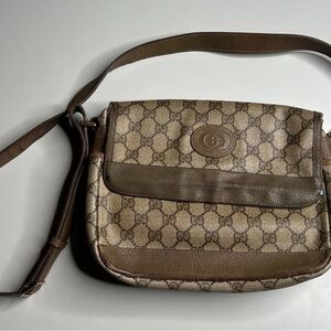 Vintage Gucci GG Monogram Crossbody Bag Brown Leather Canvas Made in Italy